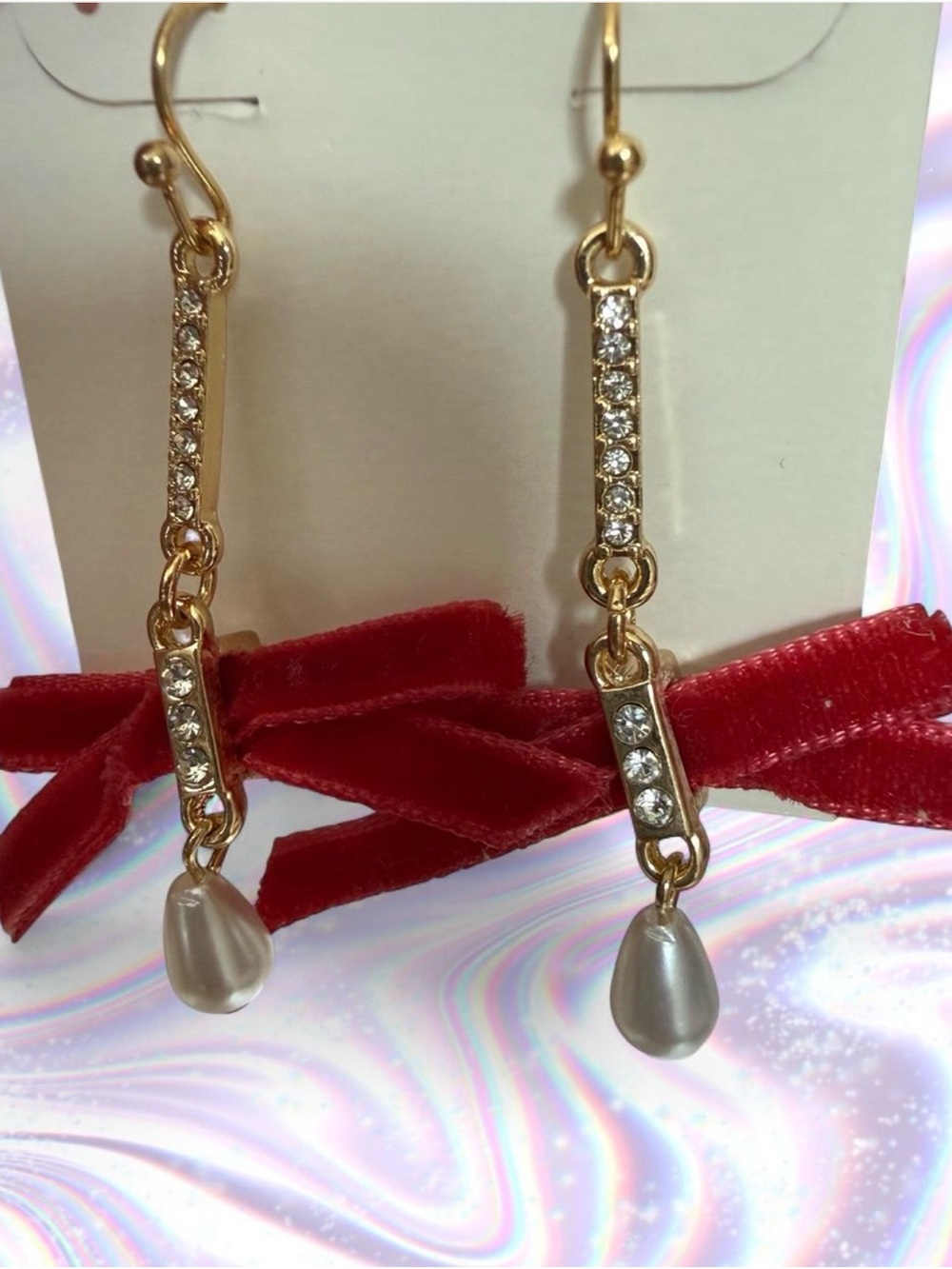 Gold Crystal Drop Earrings with Pearl Teardrops - Red Accent